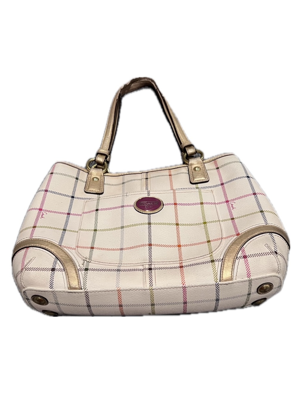 Coach Peyton Tattersall Cream Plaid Shoulder Tote with Gold Accents